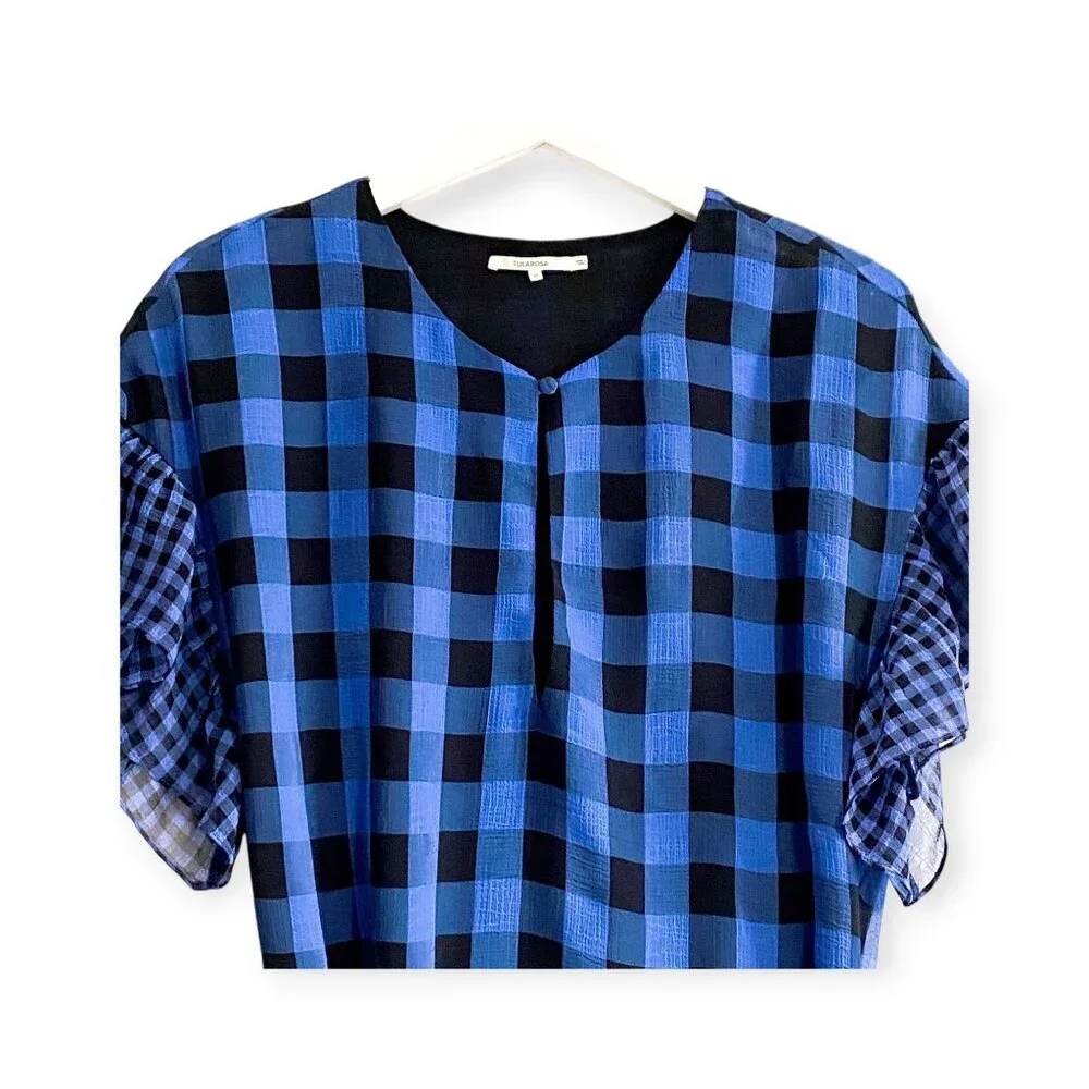 Tularosa Jenny Blue and Black Buffalo/gingham Plaid Wrap Mini Dress, Size M